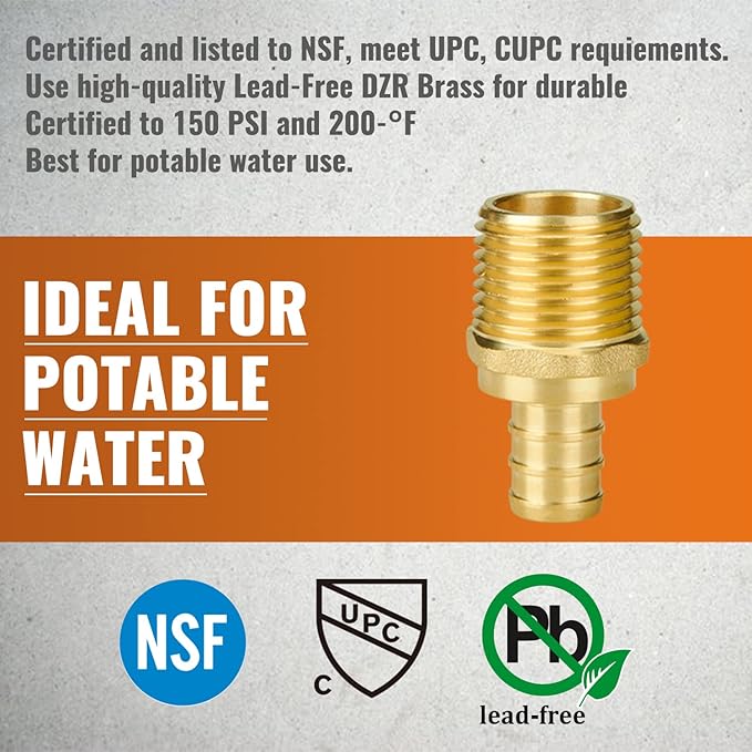 SUNGATOR Pex Fittings 1/2 Inch, 10-Pack 1/2" Pex Male Adapter, 1/2" NPT to 1/2" PEX, No Lead Brass, 1/2 Inch Pex Fittings For Pex Pipe, NSF, UPC Certified