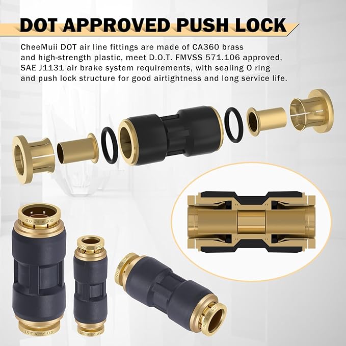 CheeMuii 32 PCS DOT Air Line Fittings 1/4" 3/8" 1/2" DOT Push Lock Air Fittings Brass and Plastic Straight Unions Quick Connect Air Hose Fittings Repair Kit
