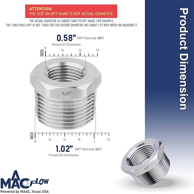 MAACFLOW Stainless Steel 3/4" Male NPT to 3/8" Female NPT Adapter Reducer Hex Bushing (Thread OD 1.02" - ID 0.58") (pack of 4)