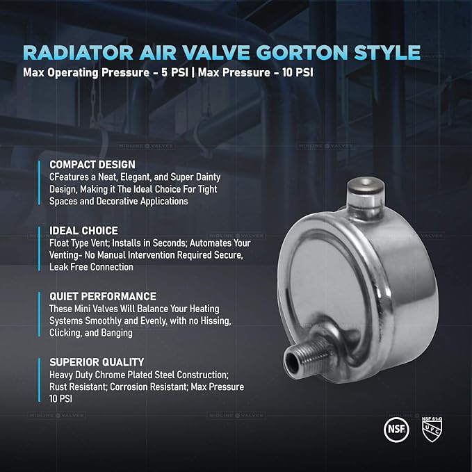 MIDLINE VALVE 1/8 Inch Air Vent No. D, 1/8" Angled Steam Air Vent, Radiator Air Valve, Chrome Plated