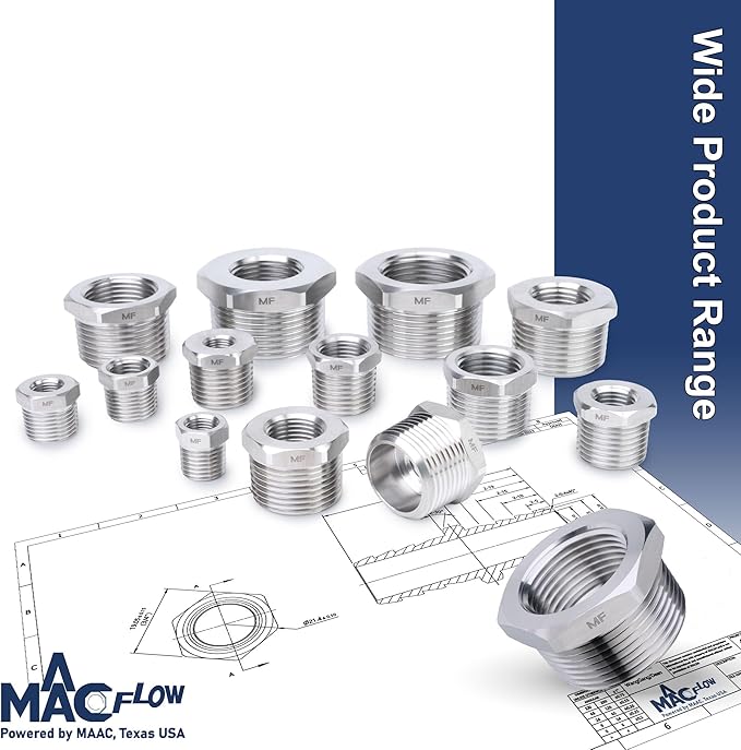 MAACFLOW Stainless Steel 3/8" Male NPT to 1/8" Female NPT Adapter Reducer Hex Bushing (Thread OD 0.65" - ID 0.34") (Pack of 1)