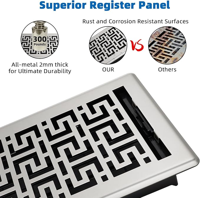 Floor Registers 6x12 Inches - 3 Pack Heavy Duty Walkable Steel Floor Vents Ease Adjust Air Flow Direction Vent Covers for Home Floor Satin Nickel Floor Vent Covers