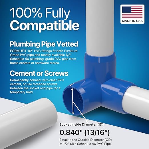 FORMUFIT 1/2” 3-Way Elbow Furniture Grade PVC Fitting in Blue, Made in USA, UV-Resistant, Impact-Proof, 0.840” Actual Socket Diameter (Pack of 10)