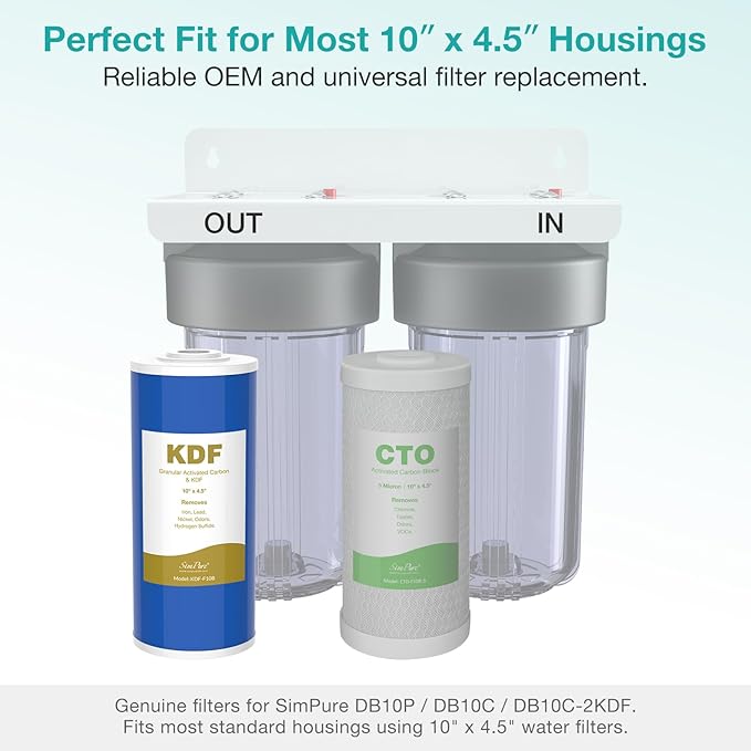 SimPure Whole House Water Filter Cartridges 10" x 4.5" GAC/KDF Carbon and Heavy Metal Filter, for DB10C-2KDF, DB10P, WGB21B-KS, FG15B-KS, GE FXHTC, GXWH40L, 2 Pack