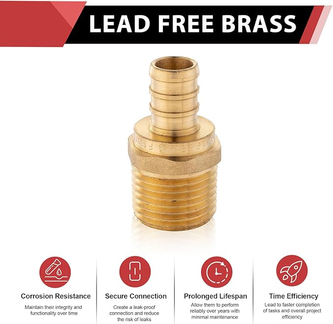 6-Pack EFIELD PEX 1-inch x 1-inch Male NPT Threaded Adapter Brass Crimp Fittings, LF Brass, NSF/ANSI 61,(PEX1807485)