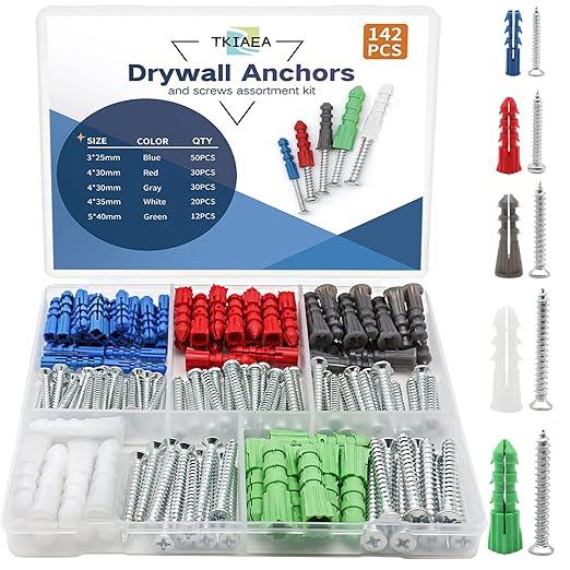 Drywall Anchors and Screws Kit 142Pcs, Wall Anchors and Screws for Drywall, Including 5 Different Sizes
