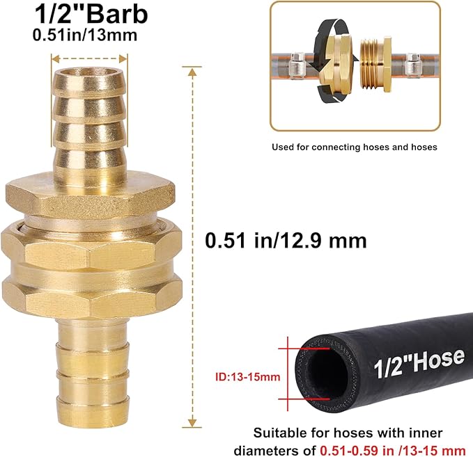 Garden Hose Repair Connector with Clamps Hose End Repair Kit, 1/2"Barb Garden Hose Fittings Male and Female brass garden hose ends (1/2"Barb-4 Set)