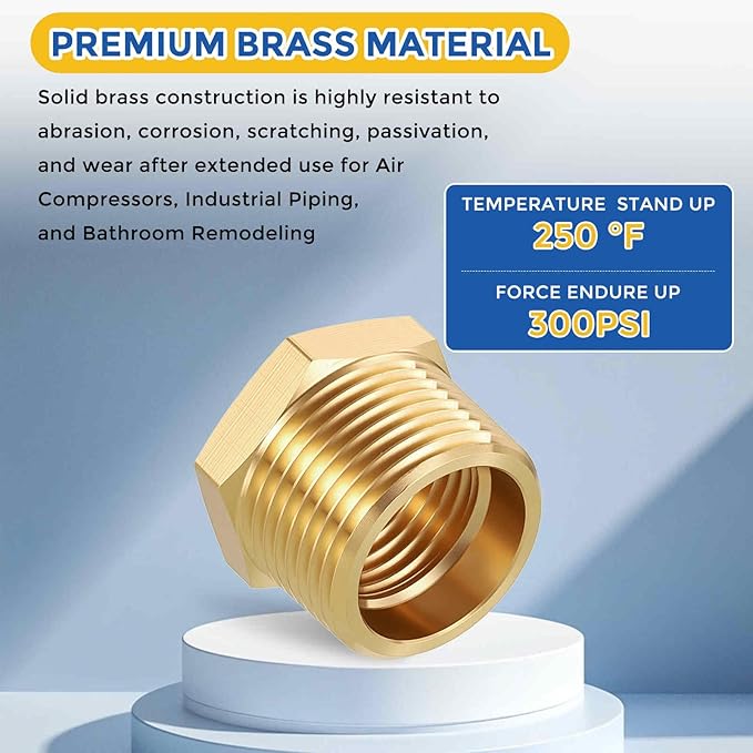 2 Pack Brass Pipe Fittings, 3/4" NPT Male to 1/2" NPT FeMale Brass Hex Bushing Reducer, Hose Tube Threaded Adapter Suitable for Air, Oil, LP, Gas
