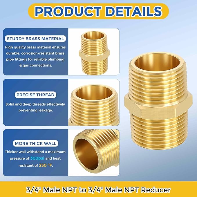 6 Pack Brass Pipe Fittings, 3/4" Male NPT to 3/4" Male NPT Brass Hex Nipple, Male Pipe Adapter Reducer for Air, Oil, LP
