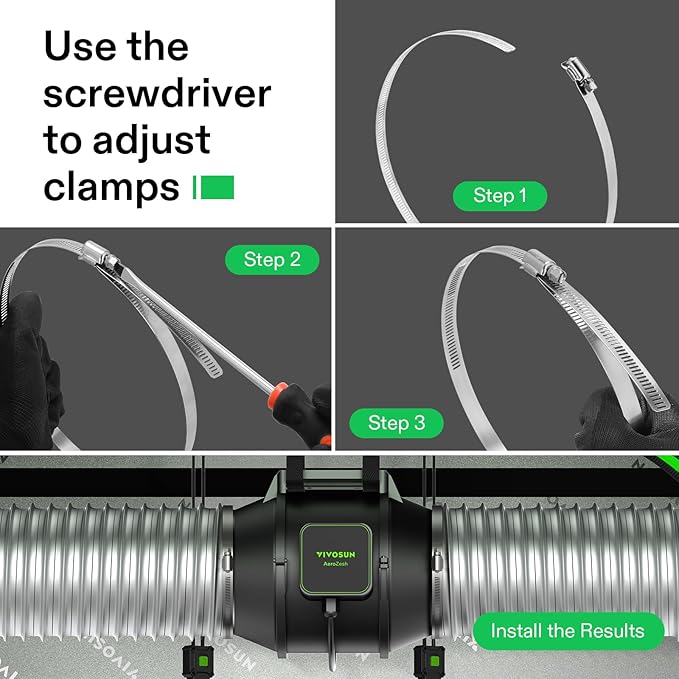 VIVOSUN Stainless Steel Air Ducting Clamps, 4/6/8/12 Inch Adjustable Hose Clamps with Worm Drive for Ducting, Heating, Cooling, Exhaust, and Ventilation (Pack of 2)