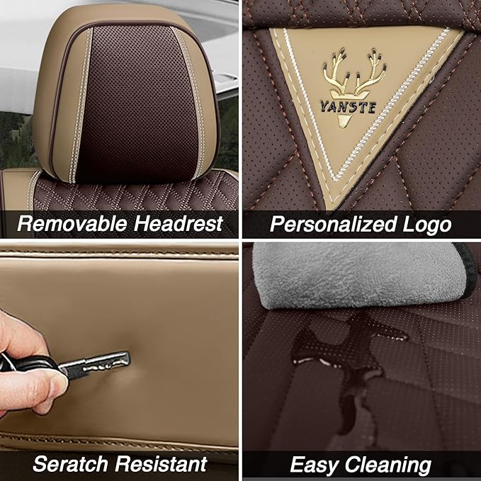 Car Seat Covers for Jaguar E-PACE 2018-2024,Breathable Nappa Leather Car Seat Protector,Front Seat Cover with Pillow Automotive Seat Cushion with Airbag Compatible(Front Seats,Beige-Brown)