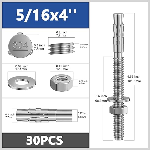 30Pcs 5/16x4 Inch Standard Fasteners for Heavy-Duty 304 Stainless Steel Wedge Anchors for Cement and Concrete