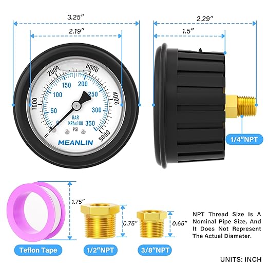 MEANLIN MEASURE 0~5000Psi Stainless Steel 1/4" NPT 2.5" FACE DIAL Liquid Filled Pressure Gauge WOG Water Oil Air Center Back Mount(with Rubber Protective Sleeve)