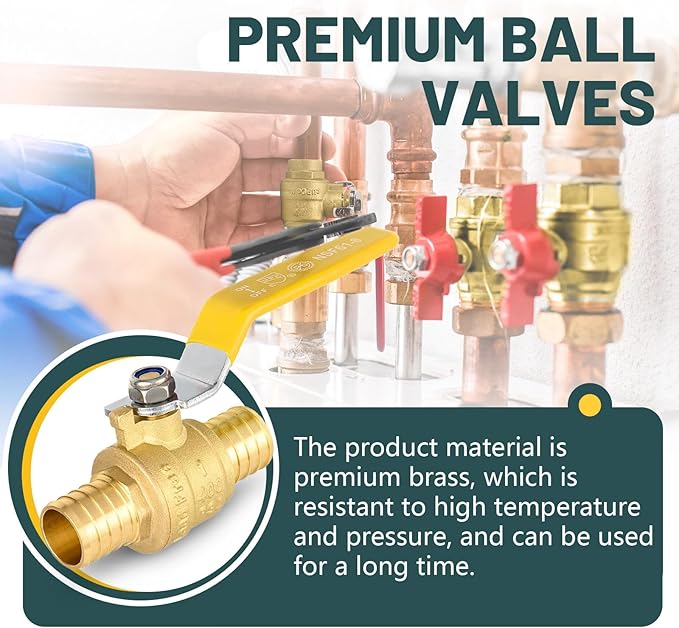 50 Pack Ball Valves, 1" Pex Crimp Shut Off Valve Yellow, Brass Full Port Pex B Shut Off Ball Valve for Hot and Cold Water, NSF/ANSI 61 Certified