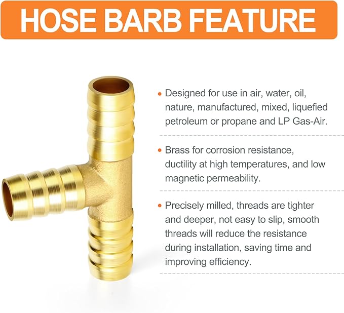GASHER 2 Pieces Brass Hose Barb Tee, 3-Way Tee Hose Fitting (1/4" x 1/4" x 1/4" Hose Barb)