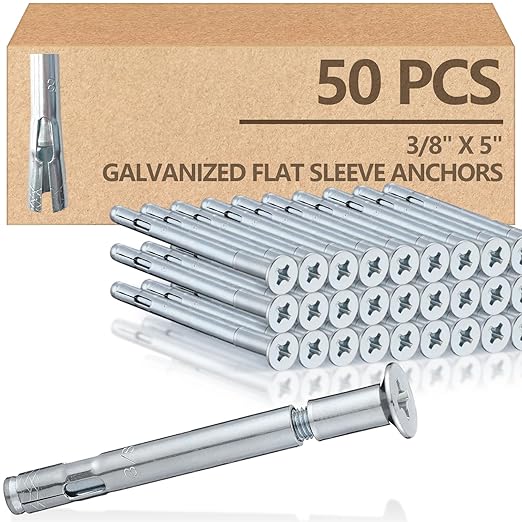 Tandefio 50 Pcs 3/8" x 5" Flat Sleeve Anchors for Concrete Zinc Plated Expansion Anchors Flush Mount Bolt for Masonry, Brick, Concrete Heavy Duty Bolts Secure Fastening