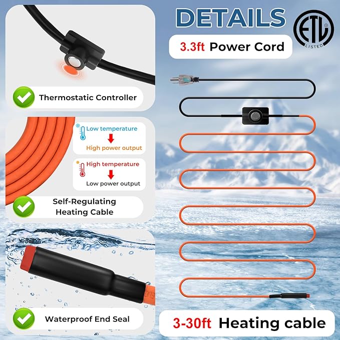 25FT Heat Tape for Water Pipes Freeze Protection IP65 Waterproof 7W/FT 110V BDDFOTO Water Pipe Heat Cable With Thermostat Self-Regulating Pipe Heater for House Garden/RV Camper