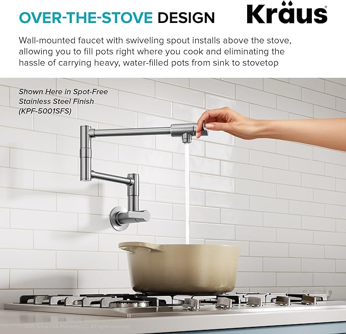 KRAUS Oletto Pot Filler Faucet with Retractable Arm, Wall Mount Kitchen Faucet, Pot Filler for Stove in Matte Black, KPF-5001MB