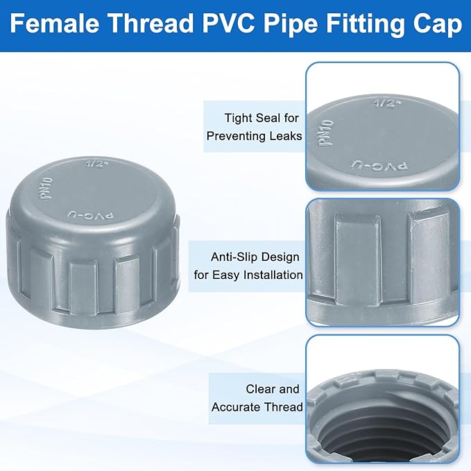 uxcell 5Pcs 1/2 Inch PT Female Thread PVC Pipe Fitting Cap, Cleanout Water Drain End Caps, Pipe Plug Socket Fittings with Gasket for Water Heater Supply Lines, Plumbing, Gray
