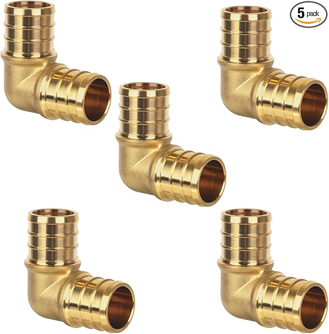 Pex Fittings, 1" Pex 90 Degree Elbow, Heavy-Duty Brass Crimp Fittings for PEX Pipes with Leak-Resistant Construction, NSF & UPC Certified, 5-Pack