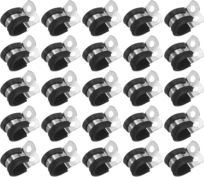 25-Pack Cable Clamps, 15/32 inch/ 12 mm 304 Stainless Steel Rubber Cushioned Insulated Cable Clamp R Shape Metal Holder for Tube/Wire/Pipe/Loop Installation