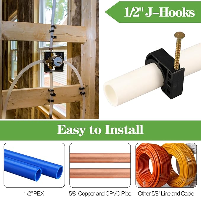 200 Pack 1/2" Half Clamps J-Hook with Nails Set, J Clamps for PEX, Copper, CPVC Tubing Connections