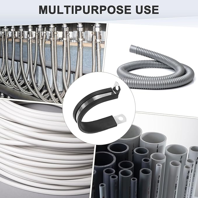 12-Pack Cable Clamps, 1-5/8 Inch/ 42 mm 304 Stainless Steel Rubber Cushioned Insulated Cable Clamp R Shape Metal Holder for Tube/Wire/Pipe/Loop Installation