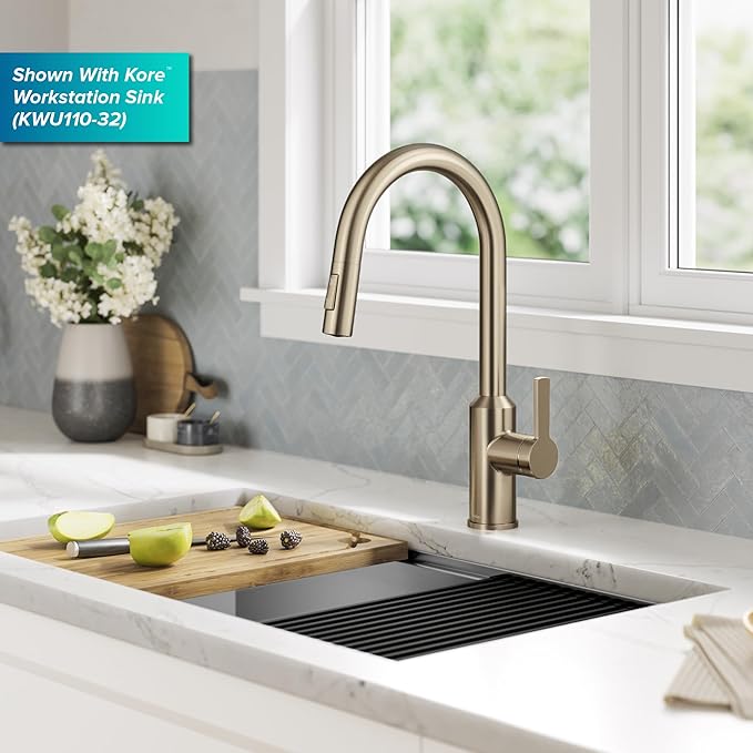 KRAUS Oletto Touchless Sensor Pull-Down Single Handle Kitchen Faucet in Spot-Free Antique Champagne Bronze, KSF-2830SFACB