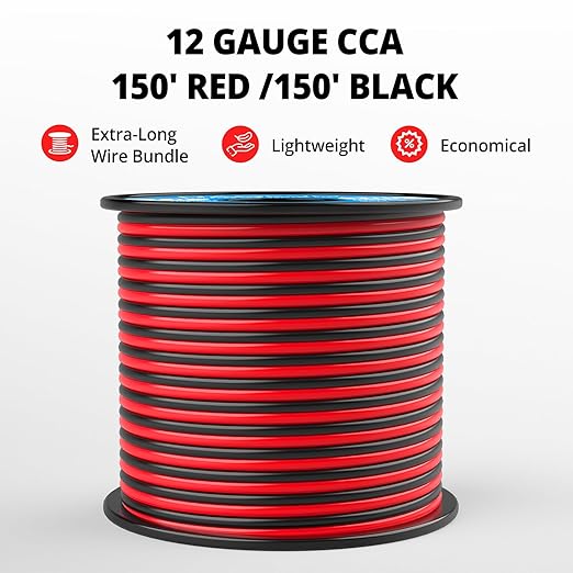 NAOEVO 12 Gauge Wire 150FT, 2 Conductors Electrical Wire Red Black Cable, Flexible/Low Voltage/PVC 12 AWG Copper Clad Aluminum Extension Cord for Speaker, LED Strips, Automotive 12V/24V DC