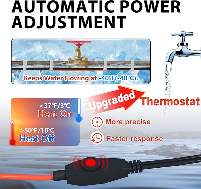 HEATIT Heating Cable for Water Pipes Automatic Heat Tape Pipe Freeze Protected Heated Cable 24 Feet