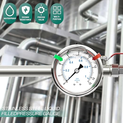 0-15psi Stainless Steel Glycerin Liquid Filled Pressure Gauge 1/4" NPT 2.5" Face Dial Center Back Mount, for Water, Oil and Air Pressure Testing (with Range Mark Pointer)