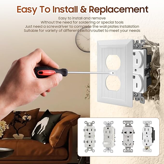 Classic Retro Wood Grain Design Style, 12-Pack White Outlet Covers Plate, Modern Decorative Electric Receptacle Light Switch Cover Plates (1-Gang Duplex Mid-Size)