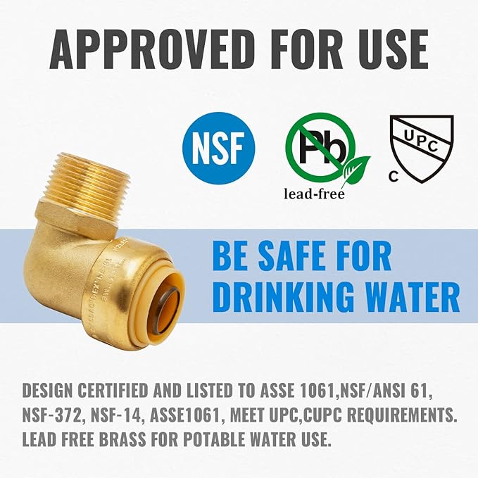 SUNGATOR 3/4 Inch Male Adapter Elbow, 3/4 Inch MNPT, No Lead Brass Push-to-Connect Plumbing Fittings for PEX Pipe, Copper, CPVC, with 1 Disconnect Clip and 1 Sealing Tape, Pack of 3