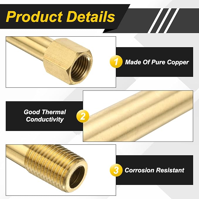 PATIKIL 1/4" g Male x 1/4" g Female Brass Pipe Fitting, Nipple Brass Fitting Extension Pipe Fittings Adapter Connection with Tape 6 Inch / 150mm Length