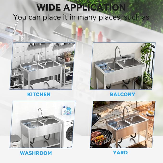 47Inch 2-Compartment Commercial Sink, Stainless Steel Utility Sink with Pull-out Faucet, Free Standing Double Bowl Kitchen Sink for Restaurant, Garage, Shop, Cafe