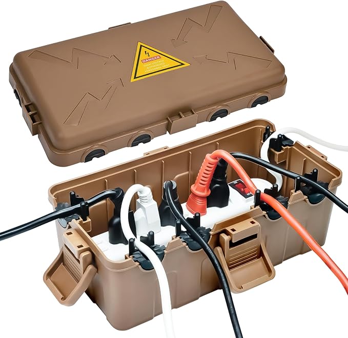 Hrensaw Medium Outdoor Electrical Box(10.6x5.5x4.5inch),Weatherproof Connection Box w/6 Cable Entry,IP54 Waterproof Extension Cord Cover Protect Power Strip,Timer,Plug,Holiday Lights,Brown