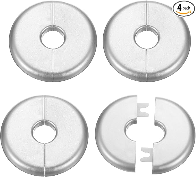 HARFINGTON 4pcs Wall Split Flange 17mm/0.7" Self-Adhesive Plumbing Cover Plates ABS Plastic Round Escutcheon Plate Buckle Design for Water Pipe Bathroom Kitchen Decoration, Silver Tone