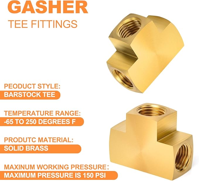 GASHER 3 Pcs Brass Barstock Tee, 1/2" x 1/2" x 1/2" NPT Female Pipe Fittings