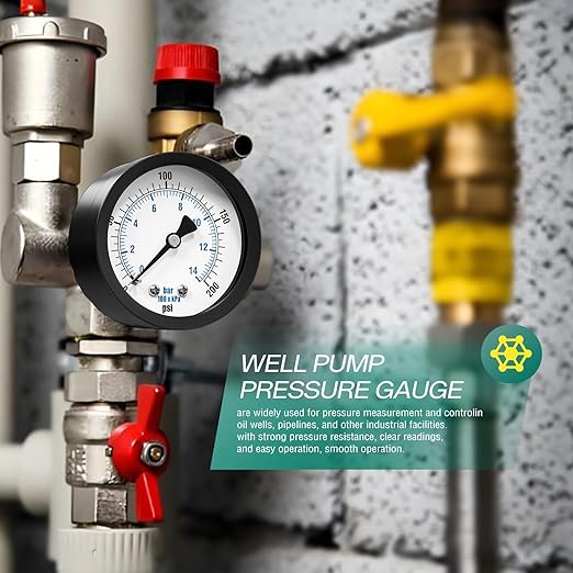 0-200PSI Well Pump Pressure Gauge 2" Dial Size, 1/8" NPT Back Mount, 3-2-3% Accuracy, for Tube, Water Pump, Gas, Liquid, Pressure Test