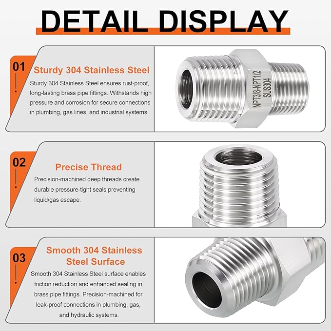 1 Pack 304 Stainless Steel Male to Male Adapter, 1/2" Male NPT x 3/8" Male NPT Hex Nipple Pipe Extension Fitting for Industrial, Automotive, Fluid Transfer, Home Gardening, Water