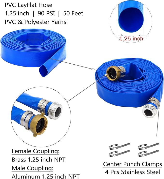 DAVCO 1.25" ID x 50 ft Pool Backwash Hose, Heavy Duty Reinforced Blue PVC Lay Flat Water Discharge Pump Hoses For Swimming Drain Pools and Clean Filters, With Aluminum Pin Lug Fittings