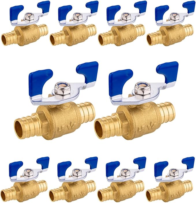 10PCS Foskan 3/4" PEX Crimp Ball Valve, Brass Full Port Shut-off Valve with Blue Butterfly Handle for Portable Water Poject
