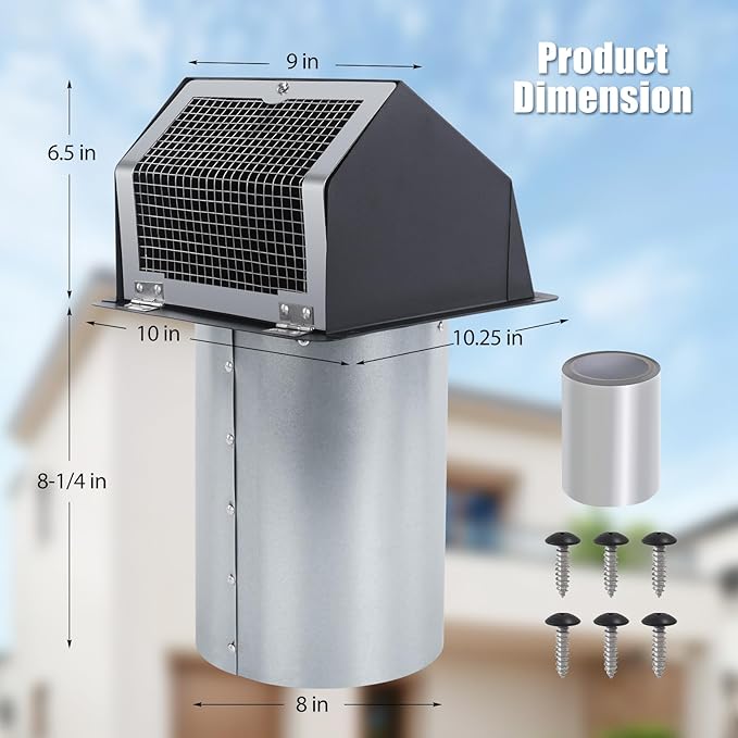 8 Inch Dryer Vent Cover Outside, Black Wall Dryer Vent Cap, No-Pest Metal Vent Covers For House Exterior