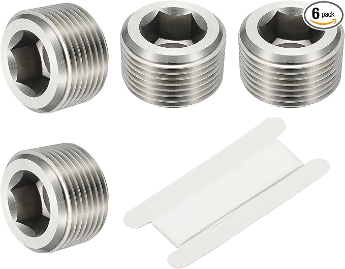 PATIKIL 3/4" NPT Male Internal Hex Pipe Fitting, 6 Pcs 304 Stainless Steel Pipe Plug Fitting Assortment Kit Countersunk Thread Head Socket Pipe Plug Fitting Adapter with Tape, Silver