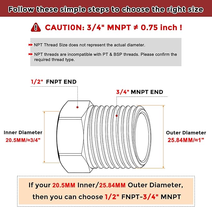 Pack of 1, 3/4" NPT Male to 1/2" NPT FeMale Solid Brass Hex Bushing, Hose Fittings Adapter Threaded Reducer Heavy Duty for Pipe Leak Repair, Pneumatic Systems, Compression