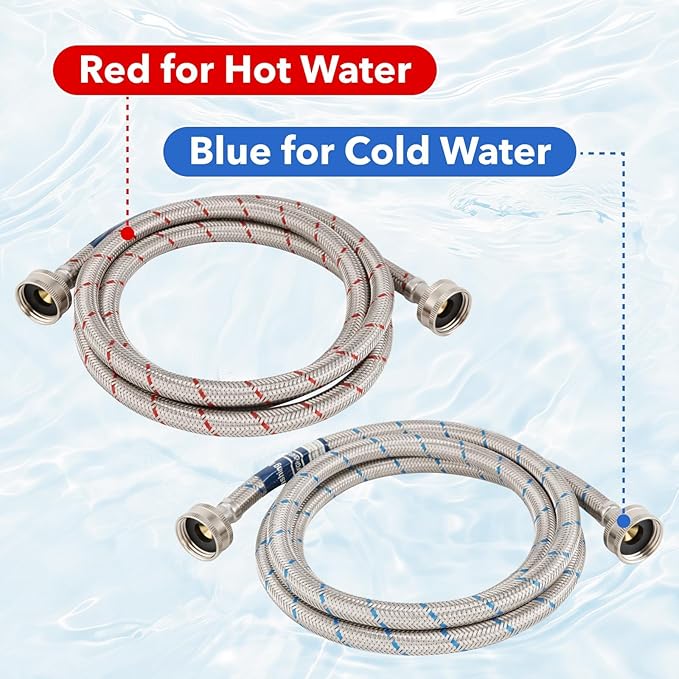 6 FT Stainless Steel Washing Machine Hoses with Water Harmmer, 2 Pack Red and Blue Washer Hoses,Burst Proof Hot & Cold Water Connection Inlet Washer Supply Lines
