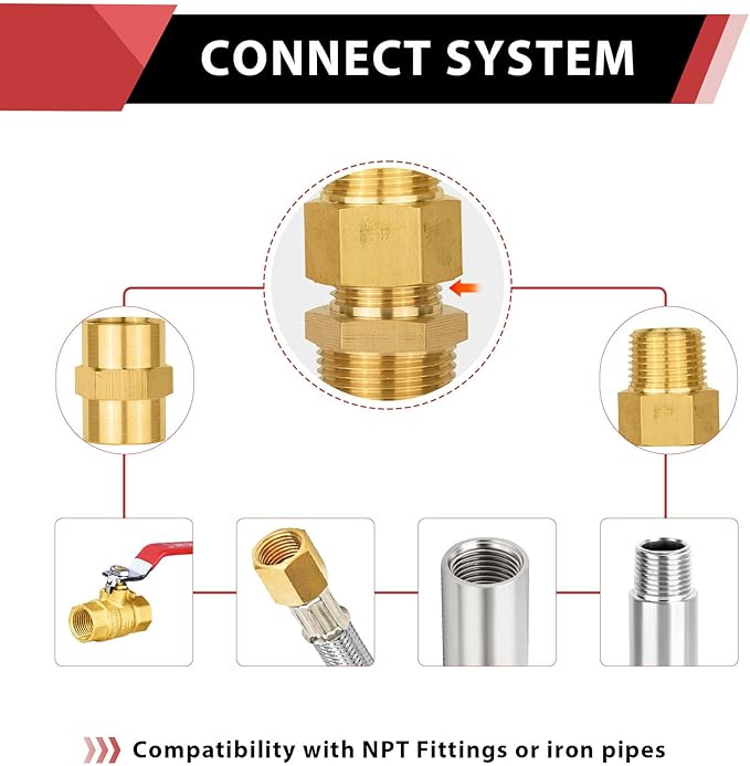 (Pack of 2) EFIELD 1/2" Male Pipe(NPSM) x 1/2" Female Pipe(NPSF) Extension Brass Fitting Adapter, 40MM LengthHex Connector with Sealing Tape (Length 40MM, 2),(NPT134)