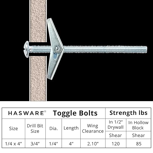 HASWARE Toggle Bolt Zinc Plated Steel and Wing Nut for Hanging Heavy Items on Drywall 1/4x4 (8 Pack)