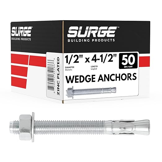1/2" x 4-1/2" Zinc-Plated Wedge Anchors for Concrete and Cement | Heavy-Duty 1/2 Concrete Anchor Bolts (Box of 50)