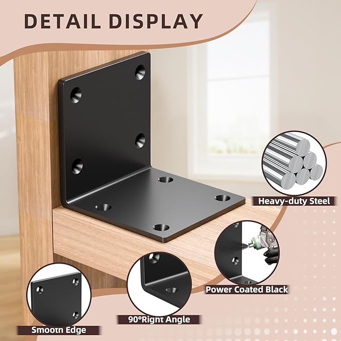 6" X 6" X 5" Heavy Duty Steel L Angle Bracket for Wood, Large 90 Degree Corner Shelf Support Bracket, 6x6 Post to Beam Connector, Thickness 1/4"(6mm), Max Load 300lbs-4 Pcs